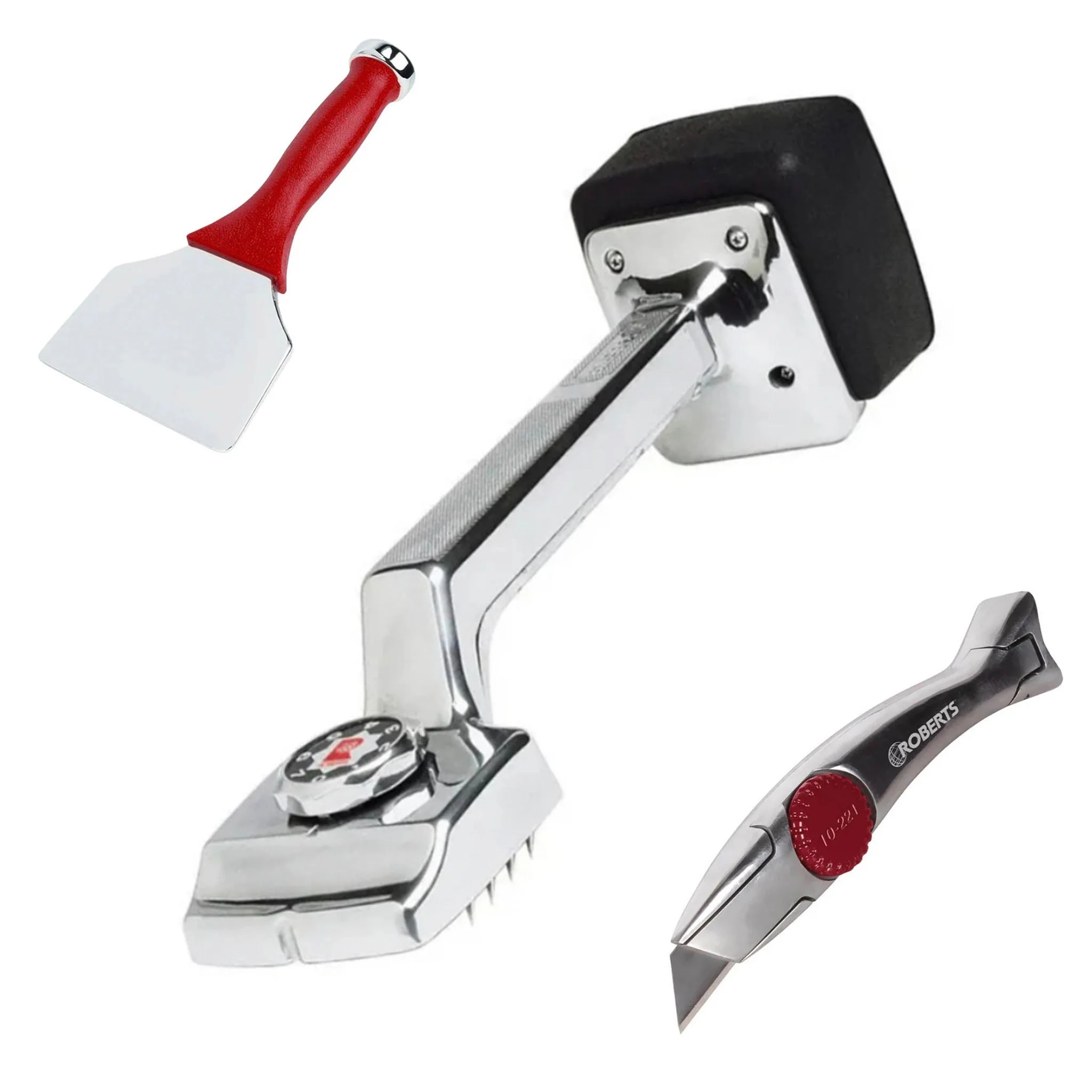 Roberts Deluxe Adjustable Chrome Knee Kicker, Stair Tool & Pro Utility Knife Carpet Fitter Set